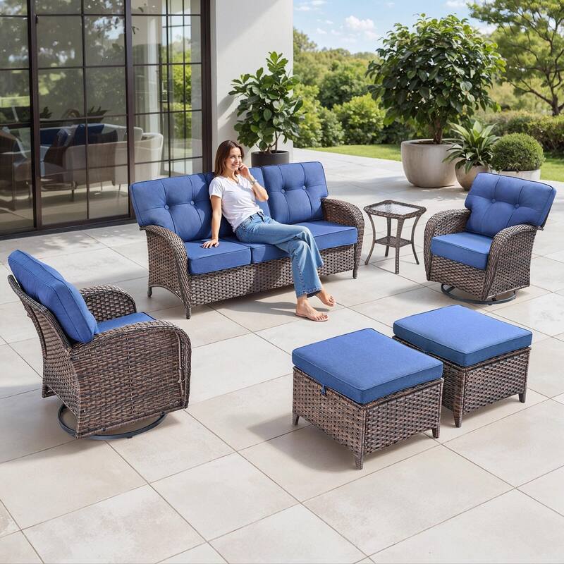 Gymojoy 6-Piece Outdoor Wicker Patio Furniture Set, 5" Thick Cushioned Rattan Set with Swivel Chairs & Ottomans