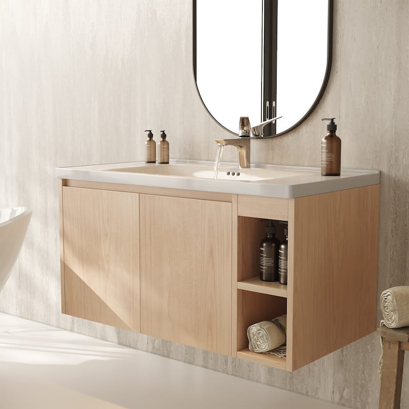 Modern 35.8" Wall-Mounted Single Bathroom Vanity with Ceramic Top - L 35.7'xW 18.9'