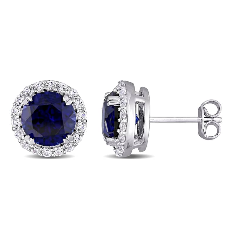 Miadora Sterling Silver 5 1/2ct TGW Created Blue and White Sapphire Halo Stud Earrings - 11.1 mm x 11.1 mm x 6.5 mm