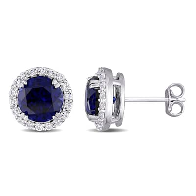 Miadora Sterling Silver 5 1/2ct TGW Created Blue and White Sapphire Halo Stud Earrings - 11.1 mm x 11.1 mm x 6.5 mm
