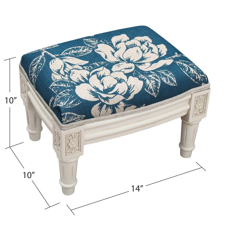 Navy Blue Magnolia Footstool with antique white finish