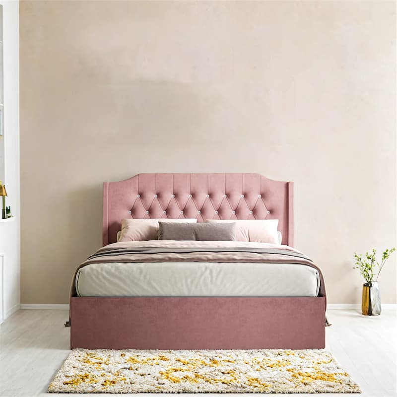 Queen Size Tufted Upholstered Bed Frame with Wingback Headboard and Under-Bed Storage Space - Pink