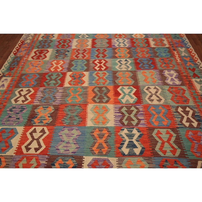 Reversible Kilim Area Rug Hand-Woven Wool Carpet - 8'5" x 9'8"