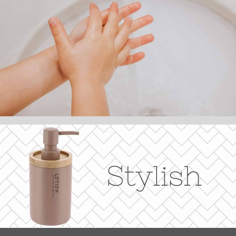 Elegant Soap Dispenser - Polyresin and Bamboo Design, Refillable Liquid Pump - 3 L x 3 W X 7 h