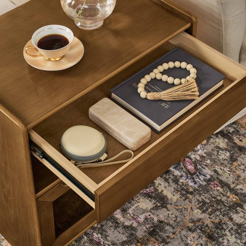 Mid Century Modern 2-Drawer Nightstand with Charging Station and Open Shelf for Bedroom Storage and Convenience