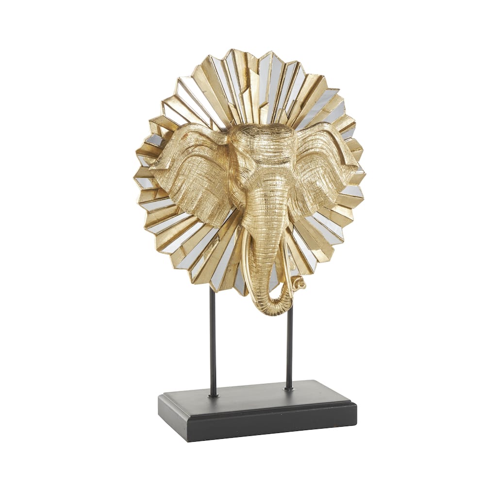 Resin Elephant Decorative Sculpture with Mirrored Sunburst Accent and Black Stand - Gold - Roche River Decor