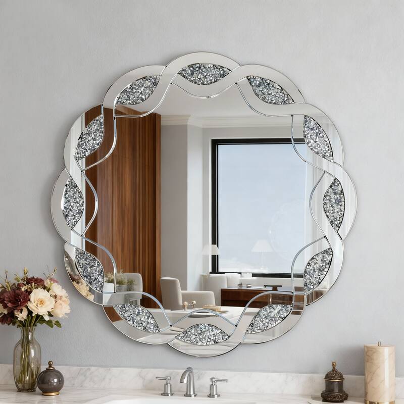 GDFStudio - Glam Silver Crush Diamond Round Wall Mirror with Wave Frame - 31.5 Inch - Silver