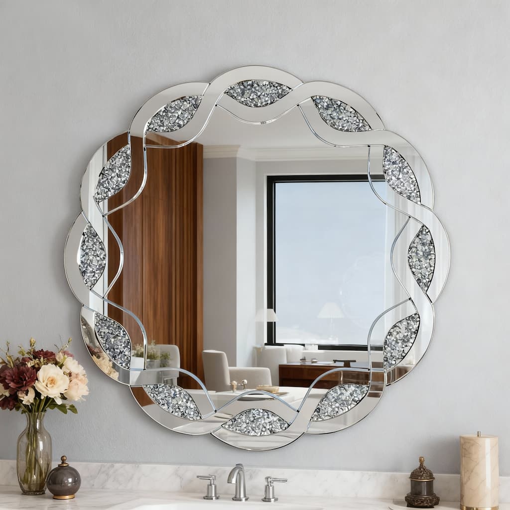 GDFStudio - Glam Silver Crush Diamond Round Wall Mirror with Wave Frame - 31.5 Inch