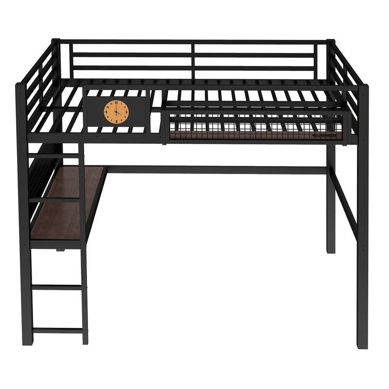 Metal Loft Bed with Desk & Storage Basket, Includes Alarm Clock & Charging Port, Queen/Full/Twin XL