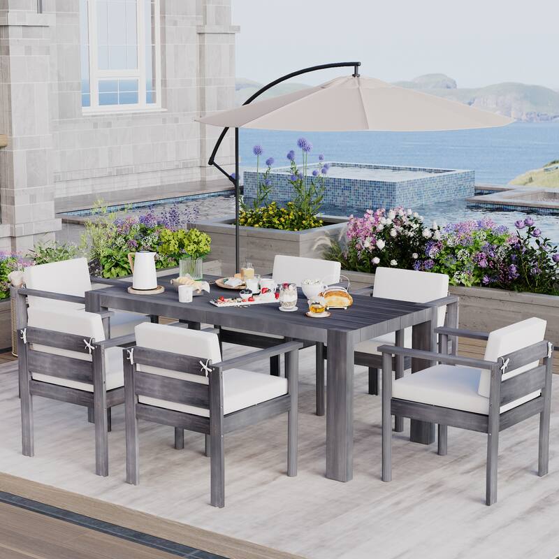 7-Piece Outdoor Patio Dining Set Wood Rectangular Dining Table and 6 Arm Chairs with Parasol Hole and Removable Cushions