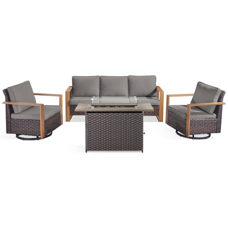 Meyreso Wicker Outdoor Patio Fire Pit Set with Swivel Gliders & 4.5" Olefin Cushions