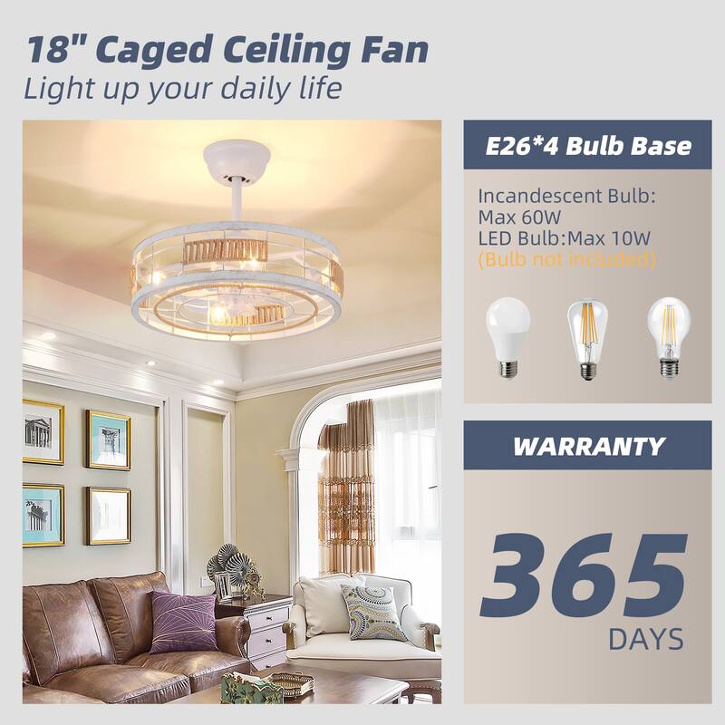 18 in. Indoor Caged Ceiling Fan with Lights, Reversible DC Motor and Remote Control for Small Bedroom