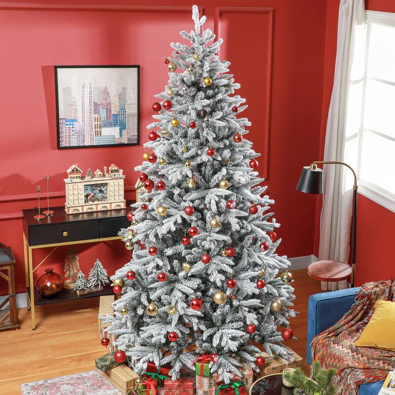 7FT/8FT Snow Flocked Christmas Tree with Realistic Branch Tips and Metal Stand
