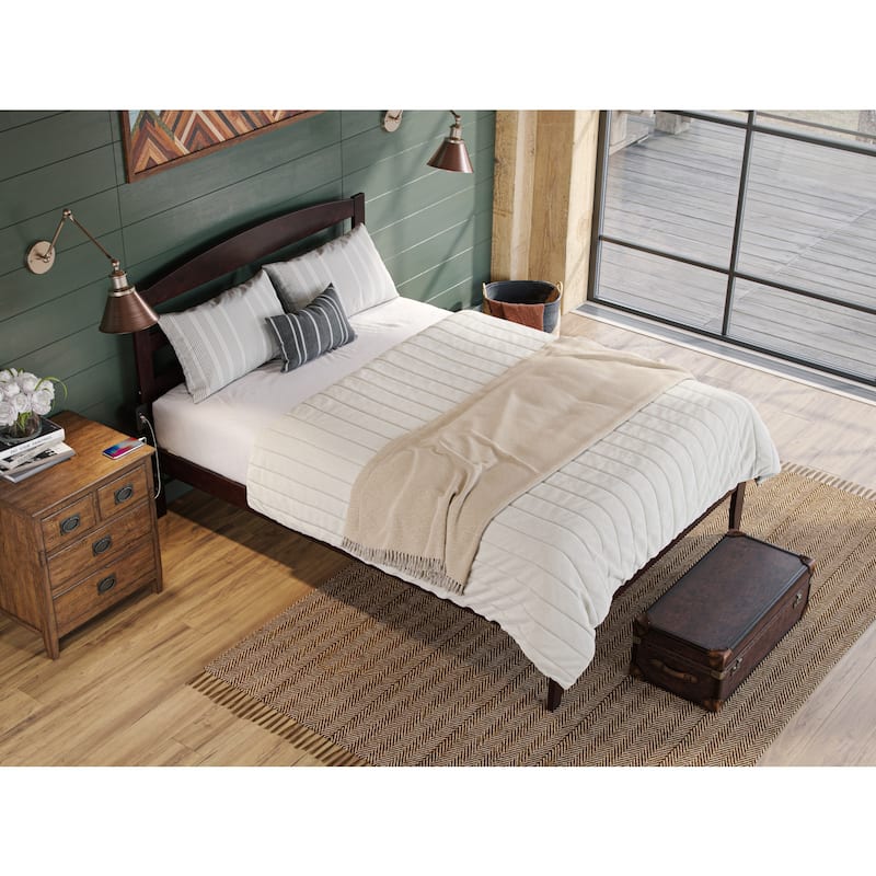 Full Platform Bed - Solid Wood, Espresso Finish - Minimalist Design with Headboard & Charging Station