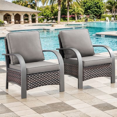 Outdoor Dining Chairs Wicker Patio Chairs - Grey Cushion - Brown