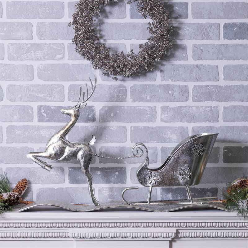 Hammered Metal Reindeer with Sleigh 25.5"L