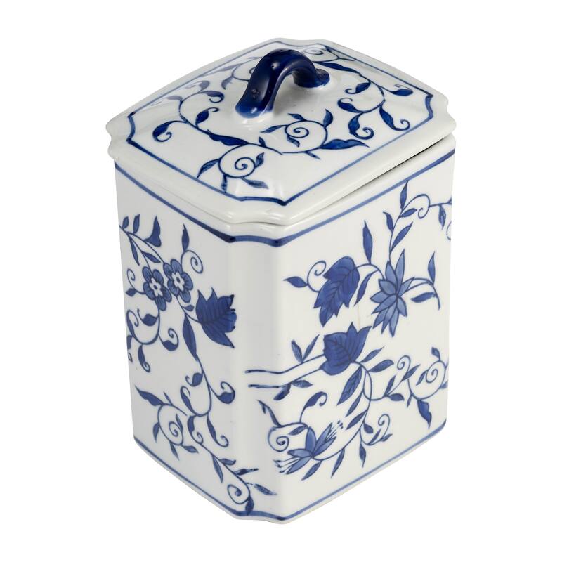 Sagebrook Home 8" Ceramic Box Jar - A Contemporary Piece with Classic Blue & White Chinoiserie Floral Design.