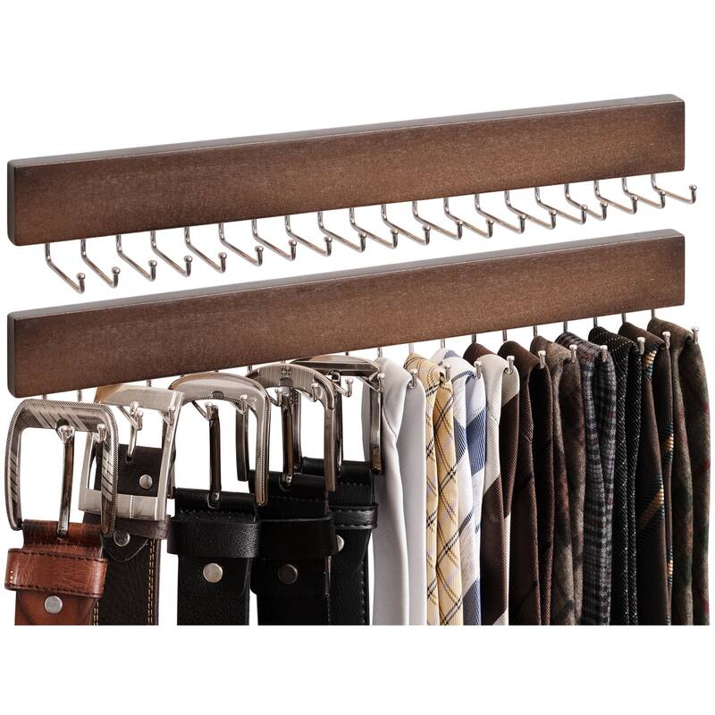 2-pack Wall-Mounted Wooden Hangers with 20 Hooks for Ties, Belts, Hats - Light Walnut Color
