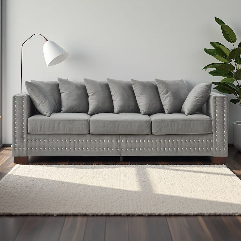 84.5" Velvet 3-Seater Sofa,Modern Square Arm Design with Silver Nailhead Trim and Under-Seat Storage - Grey