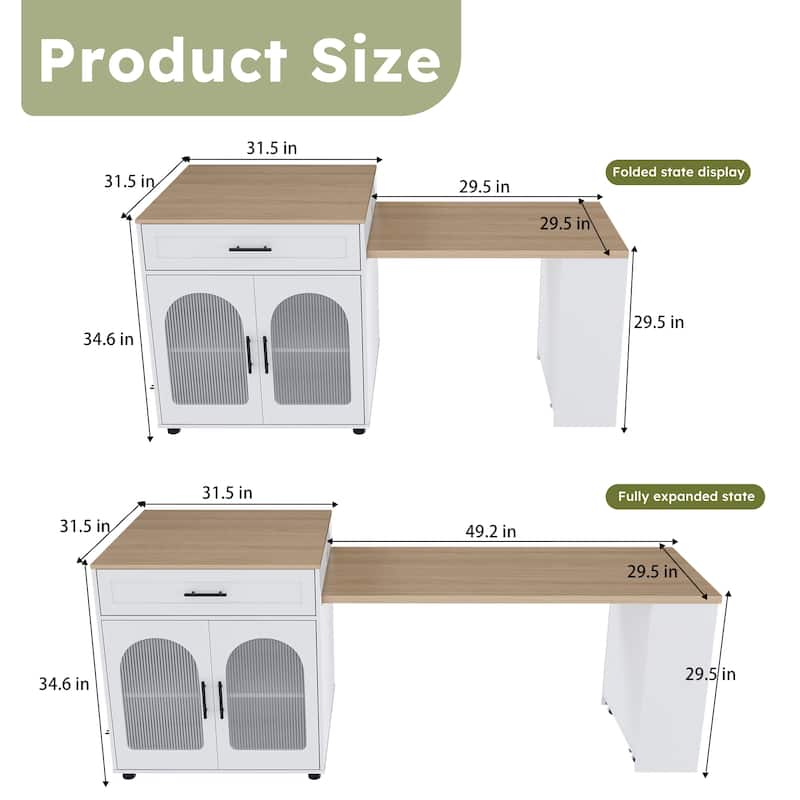 Expandable 80-inch Kitchen Island with Power Outlet, Mobile Cart with Dining Table & Storage