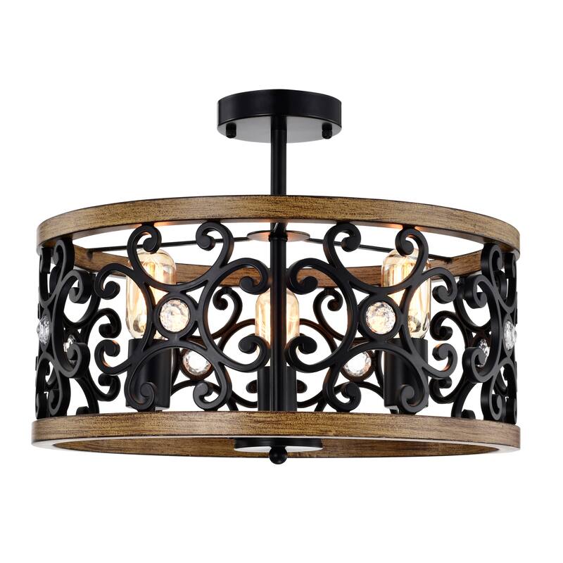 Tase 18 Inch Matte BLack Mid-Modern Semi Flush Mount 3-Light - Matte Black and Imitation Wood Grain