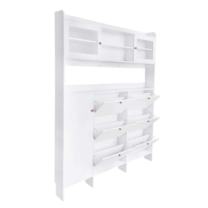 Roomfitters Multifunctional Tipping Bucket Shoe Cabinet with Storage Shelf, Large Hall Tree with 6 Flip Compartments
