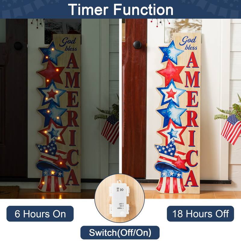 Glitzhome 42"H Lighted Patriotic/ Americana Wooden Stacked Stars Porch Sign with Timer
