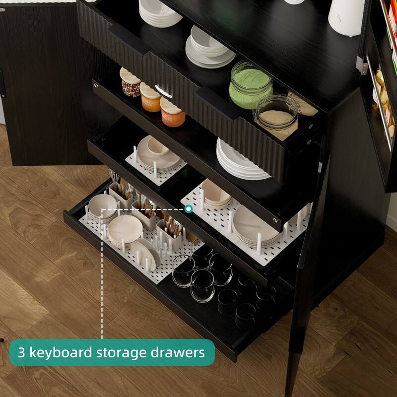 Kitchen Pantry Cabinet with 3 Keyboard Drawers, Freestanding Bathroom Cabinet with 6 Door Shelves Adjustable