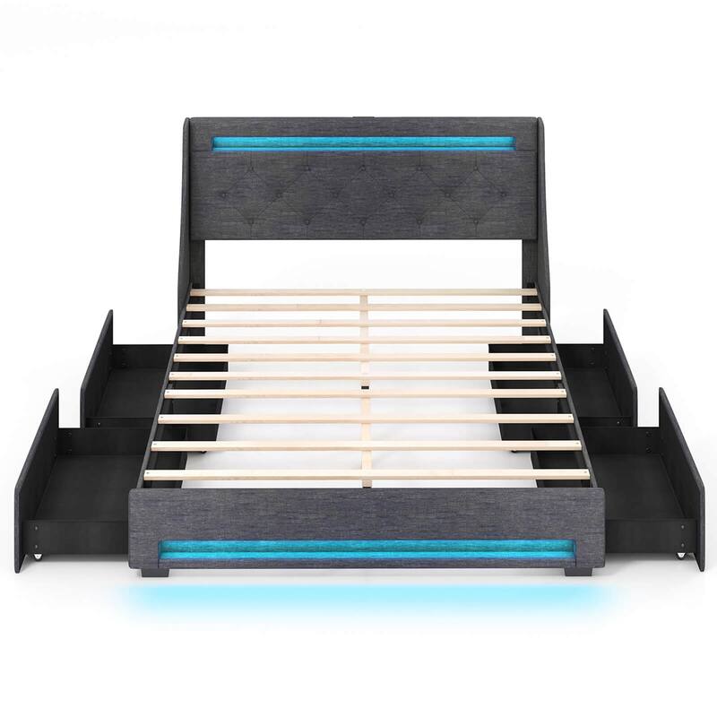 Costway Full/Queen Size Bed Frame with LED Lights & Charging Station - Full