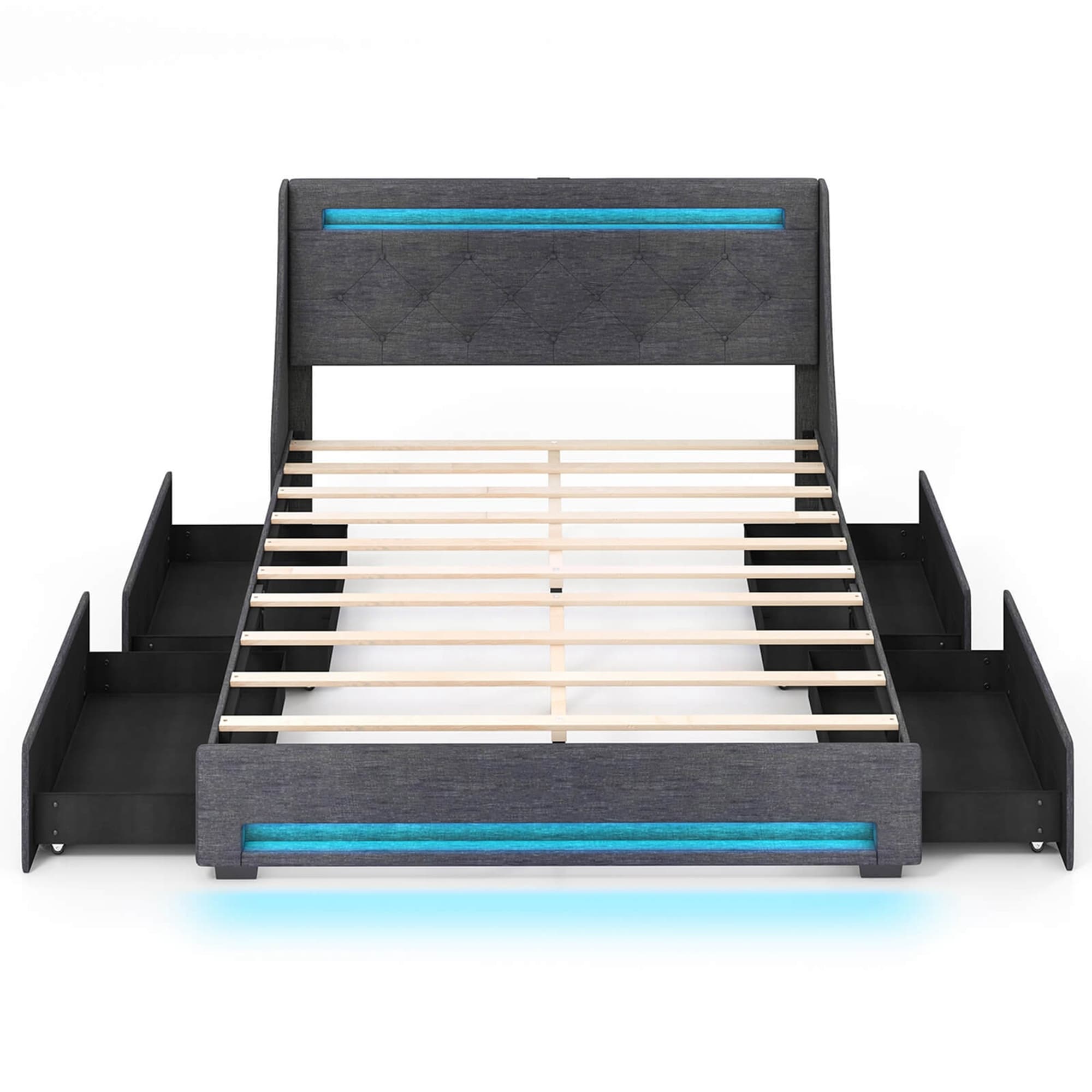 Costway Full/Queen Size Bed Frame with LED Lights & Charging Station