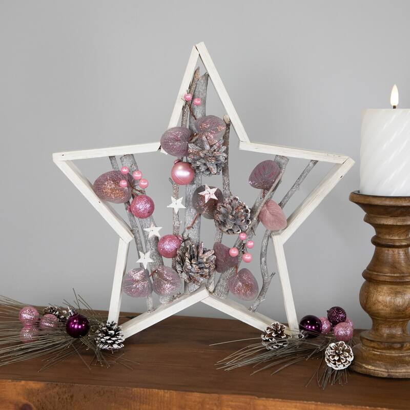 Ornaments and Pinecones Star-Shaped Birch Wood Christmas Decoration - 14.5"