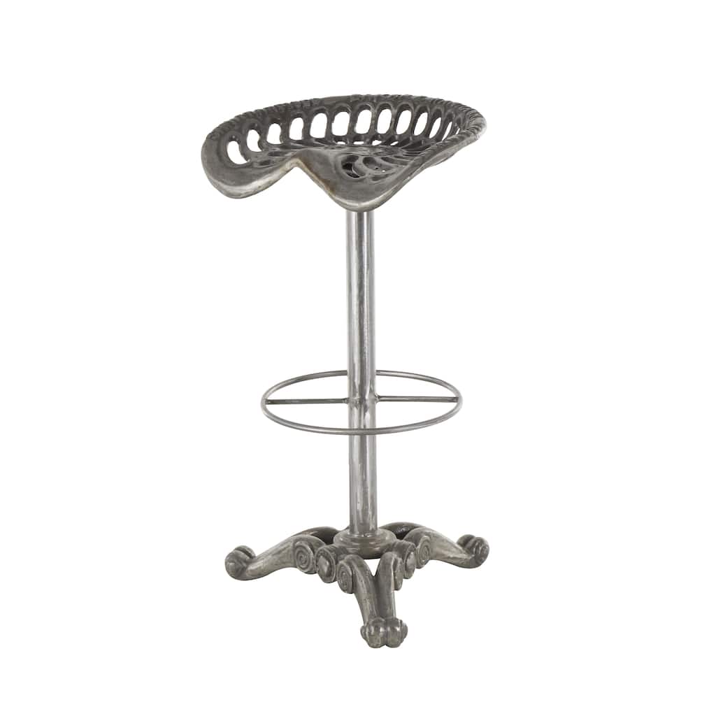 Metal Scroll Weathered Antique Cast Iron Bar Stool with Cutout Textured Seat and Footrest - Silver - Roche River Decor