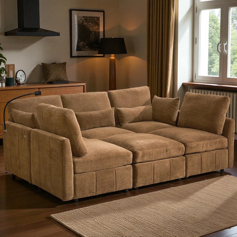 85.4" Modular Sectional Sofa with Movable Ottoman, USB Ports and Phone Holder, Chenille U-Shape Couch for Living Room