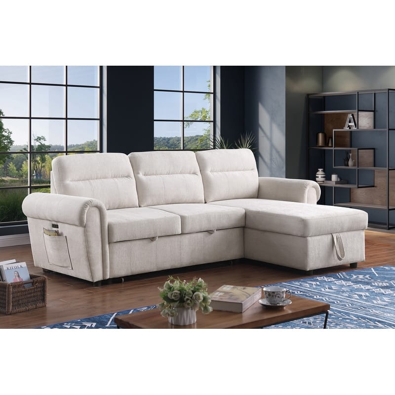 Hugo 97"W Chenille Rev. Sleeper Sectional Sofa Chaise USB Chargers, Phone/Magazine Pockets