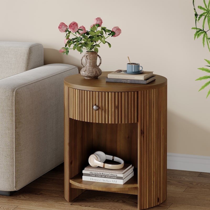 2-Tier Round End Table with Drawer, No Assembly Required, Wooden Beside Table, Circle Nightstand for Bedroom, Living Room