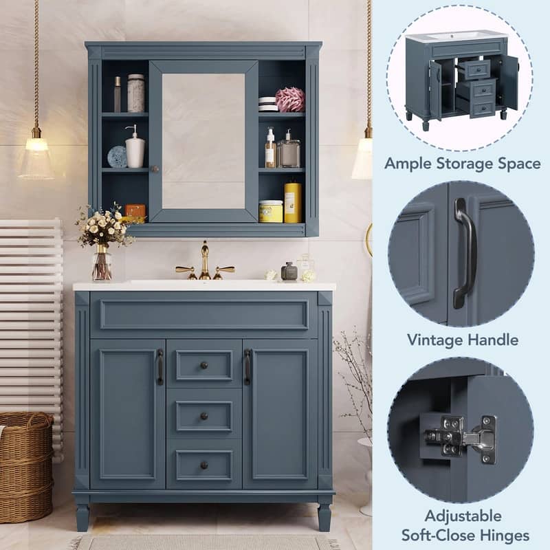 36'' Modern White Bathroom Vanity with Top Sink, Mirror Cabinet