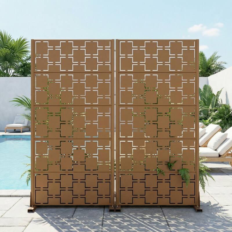 Outdoor Freestanding Metal Privacy Screen Decorative Garden Fence Set of 2 - Brown - 72"X35"