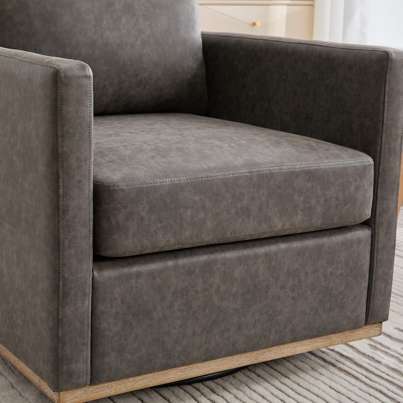 Roomfitters 30.7" Square Swivel Accent Chair, 360° Faux Leather Club Chair with Wood Trim