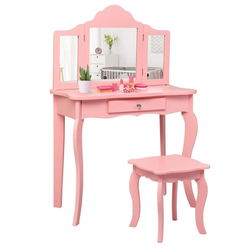 Kids Makeup Dressing Mirror Vanity Table Stool Set - 27.5" x 13.5" x 41" (L x W x H) - Pink