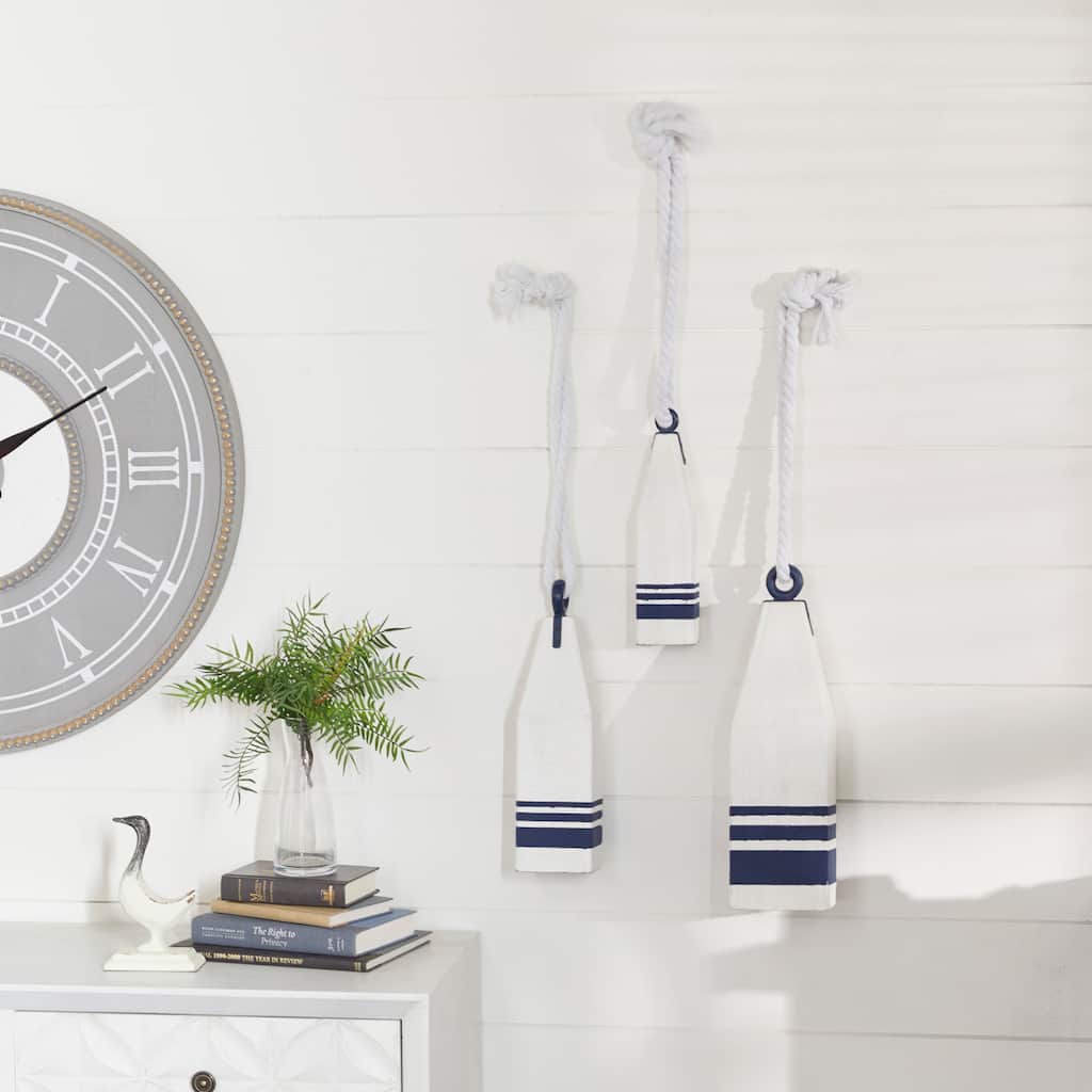 White Wood Handmade Buoy Decorative Sculpture with Rope Accents (Set of 3)