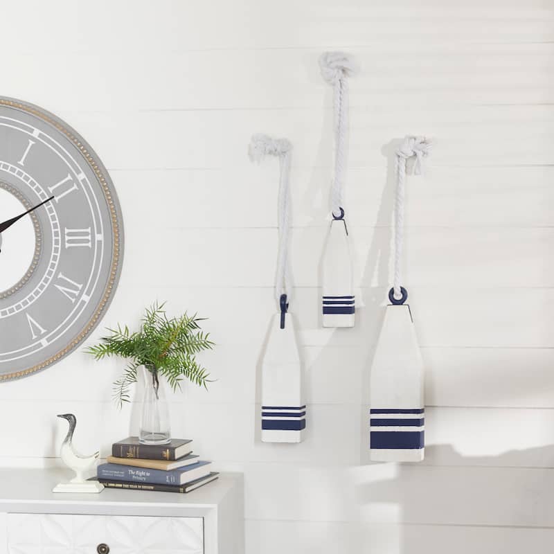 White Wood Handmade Buoy Decorative Sculpture with Rope Accents (Set of 3) - White