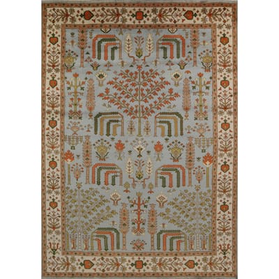 Light Blue Geometric Oushak Indian Area Rug Hand-Knotted Wool Carpet - 9'0"x 11'9"