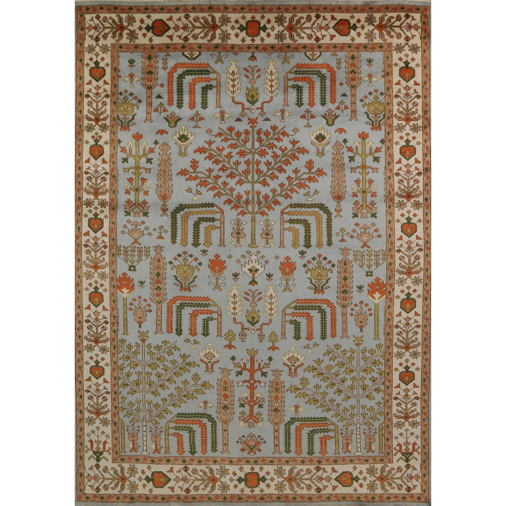 Light Blue Geometric Oushak Indian Area Rug Hand-Knotted Wool Carpet - 9'0"x 11'9"