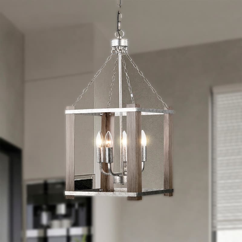 Jenus 13 Inch Antique Farmhouse Box Shape 4 Light Pendant - Matte Black and Wood grain