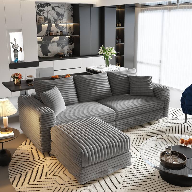 Modular Sectional Sofa with Ottomans, Oversized Corduroy Upholstered Cloud Sofa, Convertible Boneless Deep Seat Couch - Grey