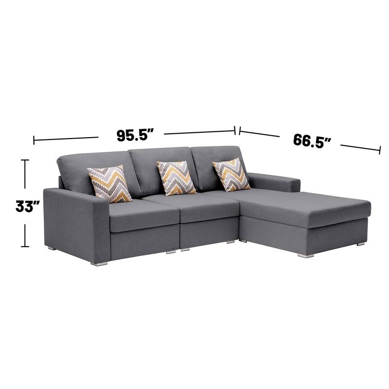 Linen Fabric 3 Piece Reversible Sectional Sofa Chaise with Pillows and Interchangeable Legs in Grey