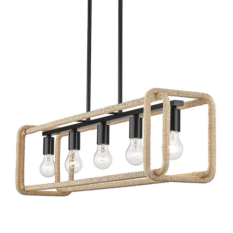 Camden 41.125" Wide 5-Light Linear Pendant - Matte Black with Natural Raphia Rope