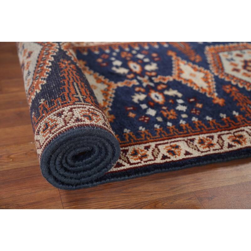Blue Geometric Viss Oriental Runner Rug Handmade Wool Carpet - 2'7"x 7'10"