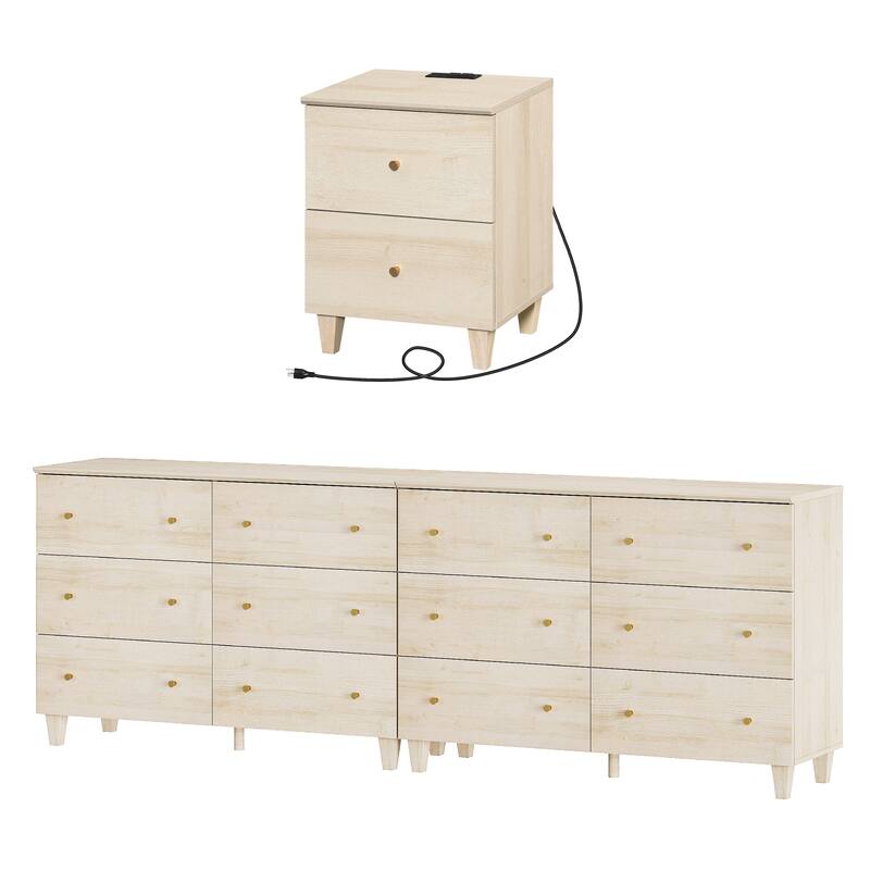 Bedroom 12-Drawer Dresser and Charging Nightstand Set, 94.4" Wide - Light Oak - 2 Piece
