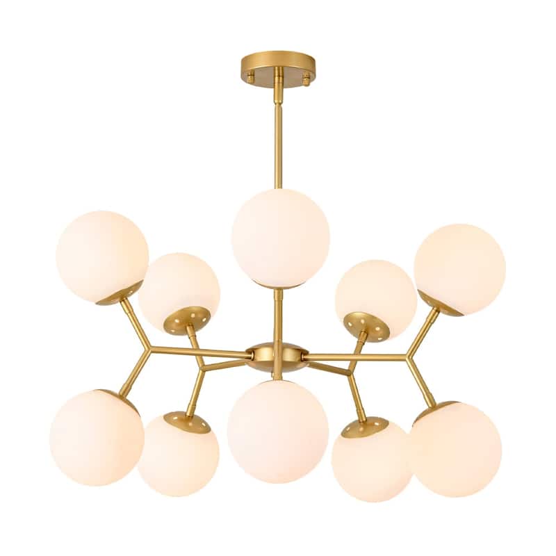 Mid-Century 10-Light Milky Glass Globe Round Branched Chandelier